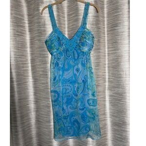 Muse Womens Blue Paisley 100% Silk Crochet Beaded Strap Summer Dress Size 10